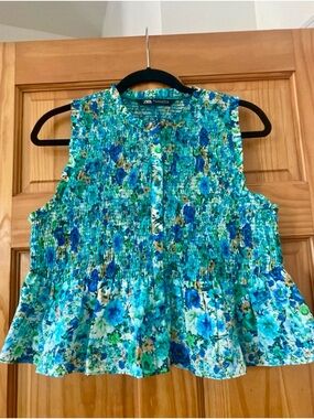 Zara Blue Green Floral Smocked Peplum Top Sleeveless Button Front Cotton L